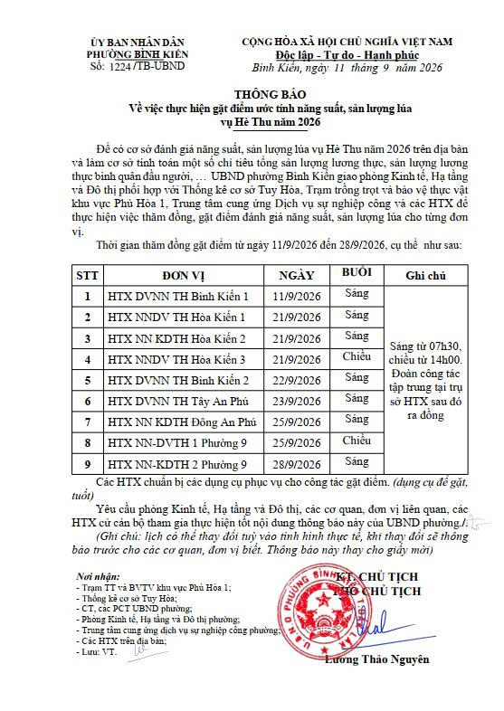 THÔNG BÁO VỀ VIỆC THỰC HIỆN GẶT ĐIỂM ƯỚC TÍNH NĂNG SUẤT, SẢN LƯỢNG LÚA VỤ HÈ THU NĂM 2026