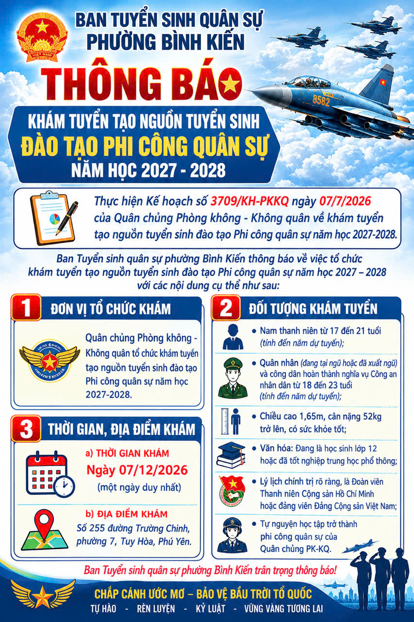 BAN TUYỂN SINH QUÂN SỰ PHƯỜNG BÌNH KIẾN THÔNG BÁO KHÁM TUYỂN TẠO NGUỒN ĐÀO TẠO PHI CÔNG QUÂN SỰ NĂM HỌC 2027–2028 ✈️
