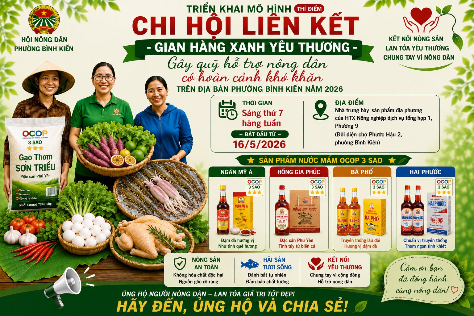 Hội Nông dân phường Bình Kiến triển khai mô hình “Chi hội liên kết – Gian hàng xanh yêu thương” năm 2026
