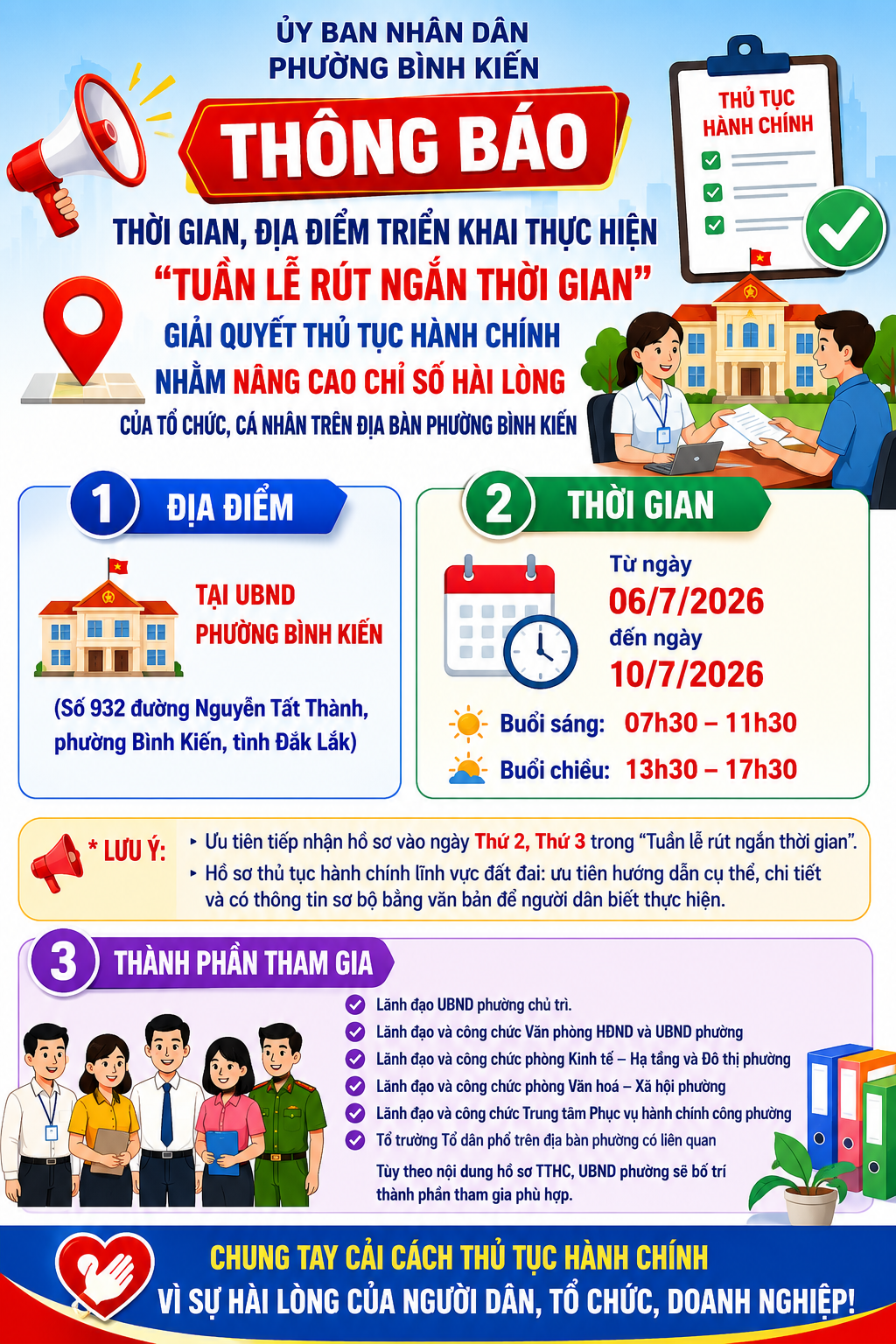 THÔNG BÁO THỜI GIAN, ĐỊA ĐIỂM TRIỂN KHAI THỰC HIỆN “TUẦN LỄ RÚT NGẮN THỜI GIAN” GIẢI QUYẾT THỦ TỤC HÀNH CHÍNH NHẰM NÂNG CAO CHỈ SỐ HÀI LÒNG CỦA TỔ CHỨC, CÁ NHÂN TRÊN ĐỊA BÀN PHƯỜNG BÌNH KIẾN