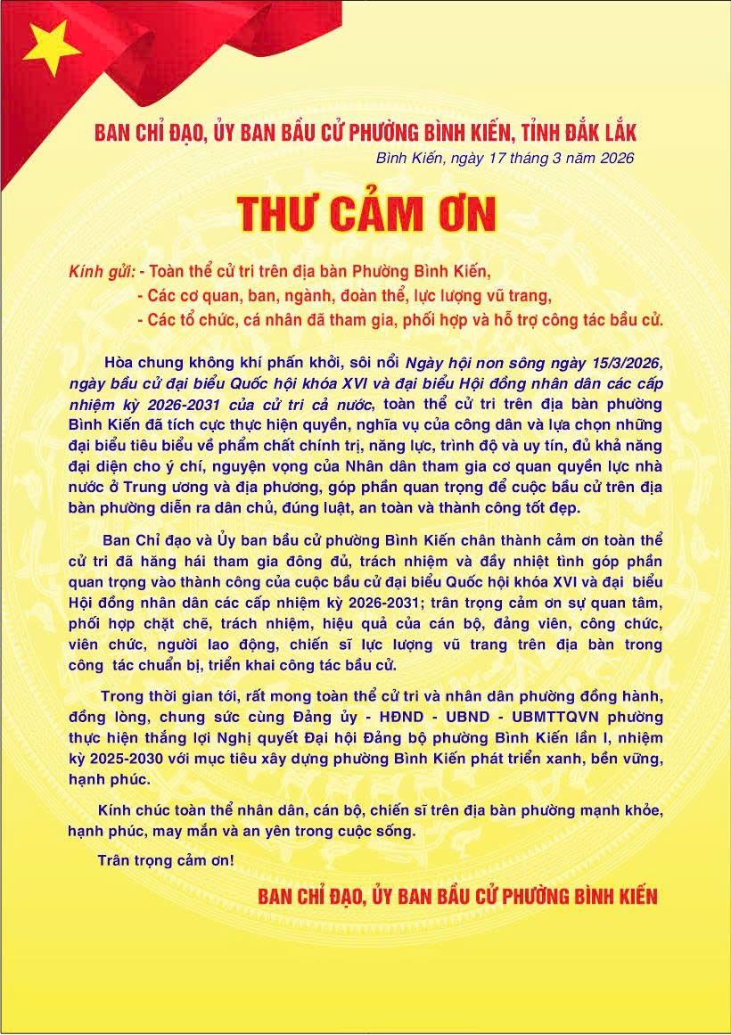 THƯ CẢM ƠN CỦA BAN CHỈ ĐẠO ỦY BAN BẦU CỬ PHƯỜNG BÌNH KIẾN