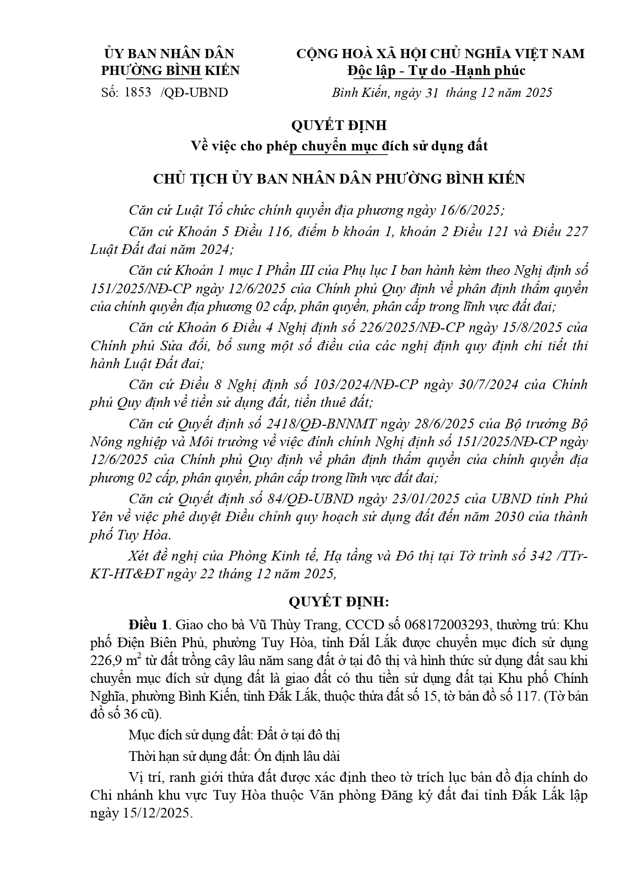 Quyết định cho phép chuyển mục đích sử dụng đất