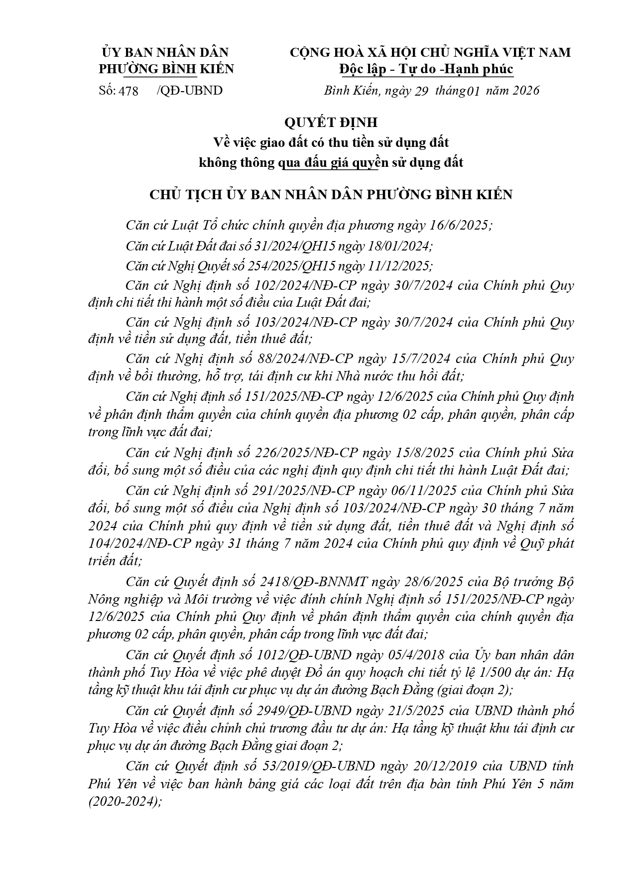 Quyết định về việc giao đất có thu tiền sử dụng đất  không thông qua đấu giá quyền sử dụng đất