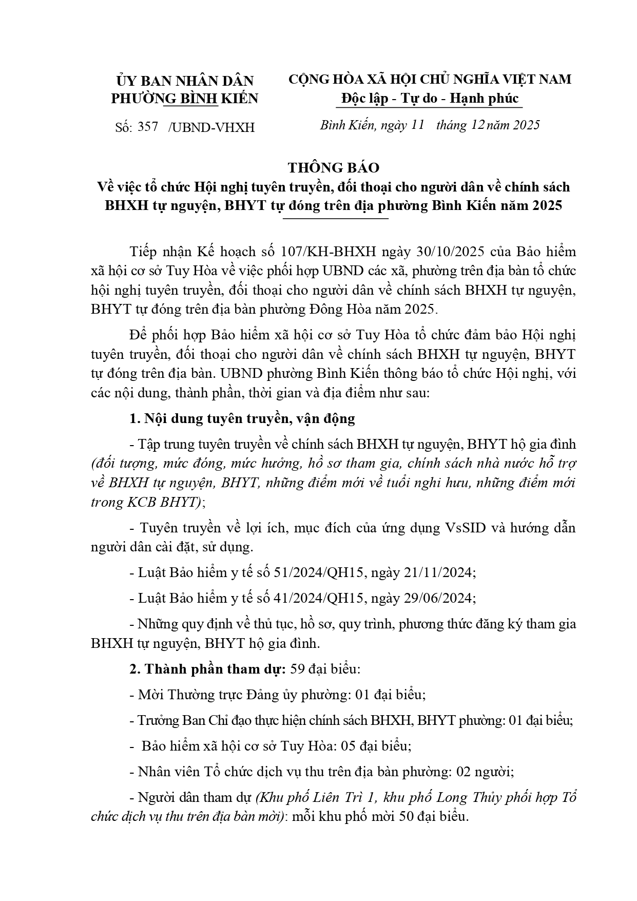 Thông báo về việc tổ chức Hội nghị tuyên truyền, đối thoại cho người dân về chính sách BHXH tự nguyện, BHYT tự đóng trên địa phường Bình Kiến năm 2025