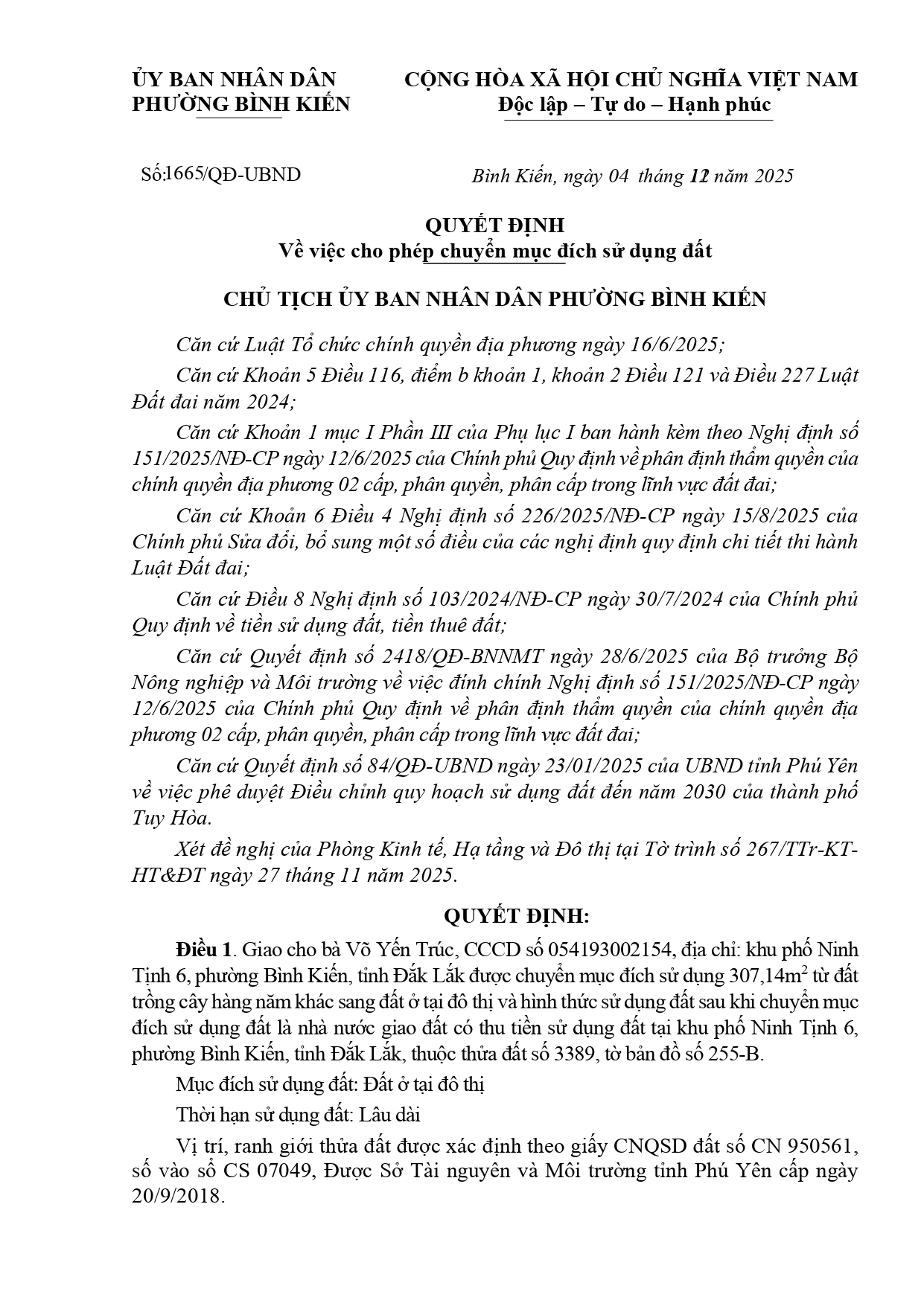 Quyết định về việc cho phép chuyển mục đích sử dụng đất  thửa đất số 3389, tờ bản đồ số 255-B cho bà Võ Yến Trúc
