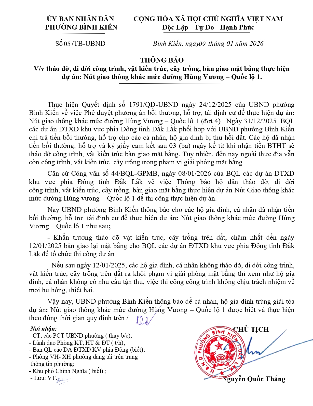 Thông báo tháo dỡ, di dời công trình, vật kiến trúc, cây trồng, bàn giao mặt bằng thực hiện dự án: Nút giao thông khác mức đường Hùng Vương – Quốc lộ 1.