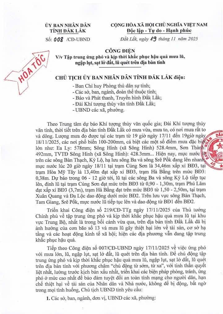 CÔNG ĐIỆN HỎA TỐC CỦA ỦY BAN NHÂN DÂN TỈNH ĐẮK LẮK: Về việc tập trung ứng phó và kịp thời khắc phục hậu quả mưa lũ, ngập lụt, sạt lở đất, lũ quét trên địa bàn tỉnh