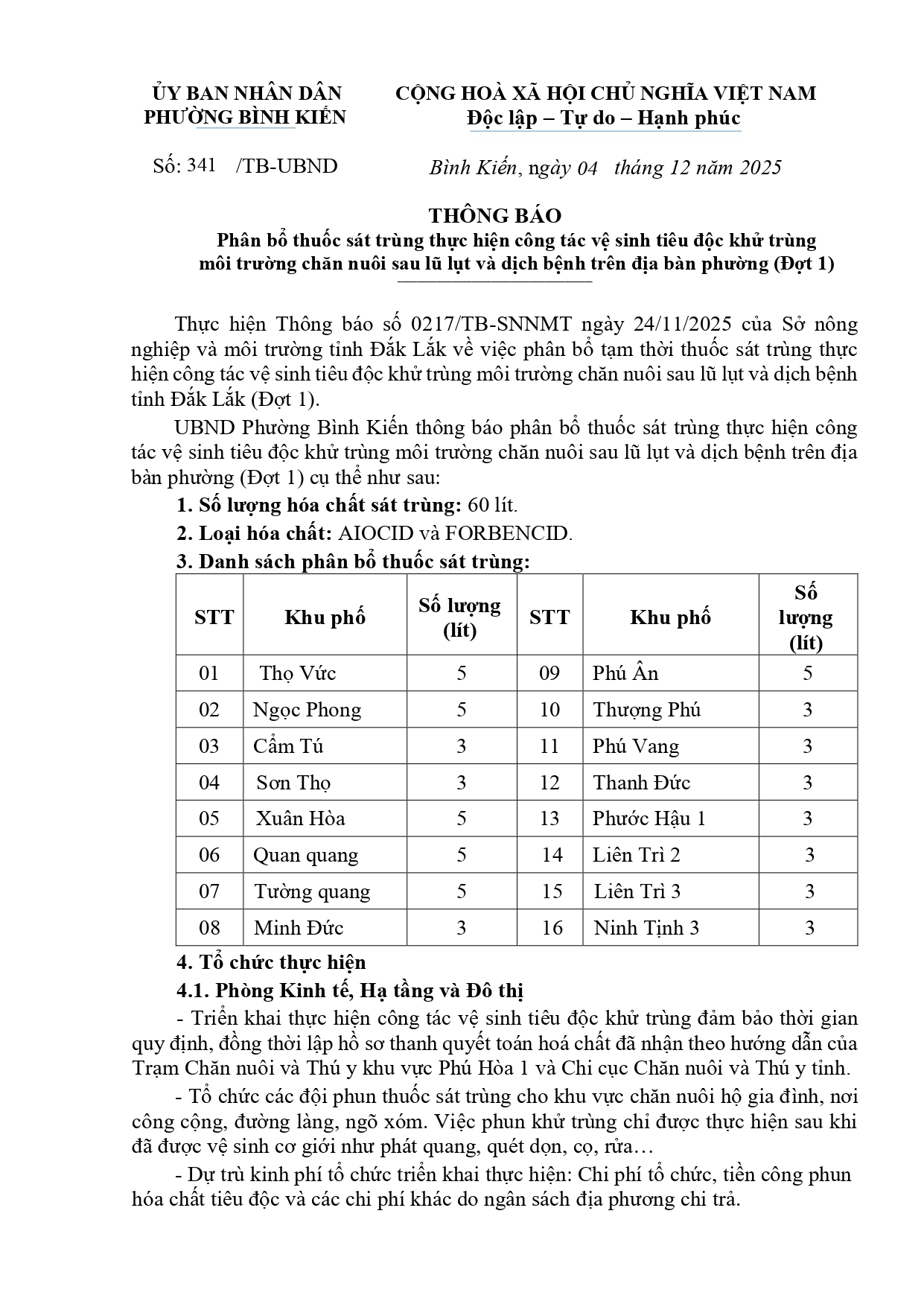 Thông báo phân bổ thuốc sát trùng thực hiện công tác vệ sinh tiêu độc khử trùng môi trường chăn nuôi sau lũ lụt và dịch bệnh trên địa bàn phường (Đợt 1)