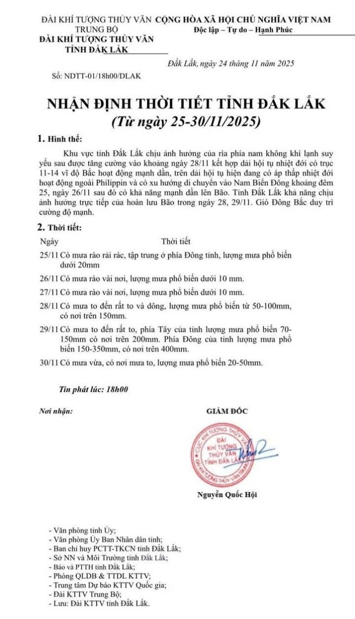 Nhận định thời tiết tỉnh Đắk Lắk từ ngày 25 - 30/11/2025