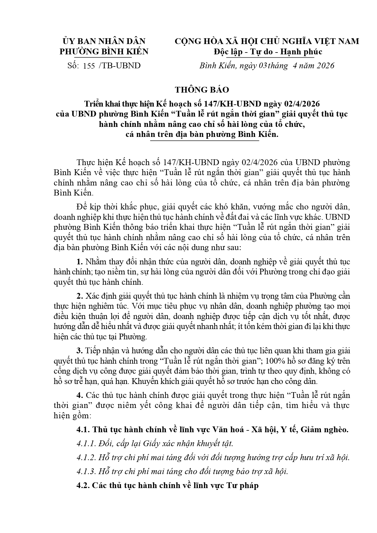 Thông báo triển khai Kế hoạch số 147/KH-UBND ngày 02/4/2026 của UBND phường Bình Kiến về việc thực hiện “Tuần lễ rút ngắn thời gian” giải quyết thủ tục hành chính nhằm nâng cao chỉ số hài lòng của tổ chức, cá nhân trên địa bàn phường Bình Kiến