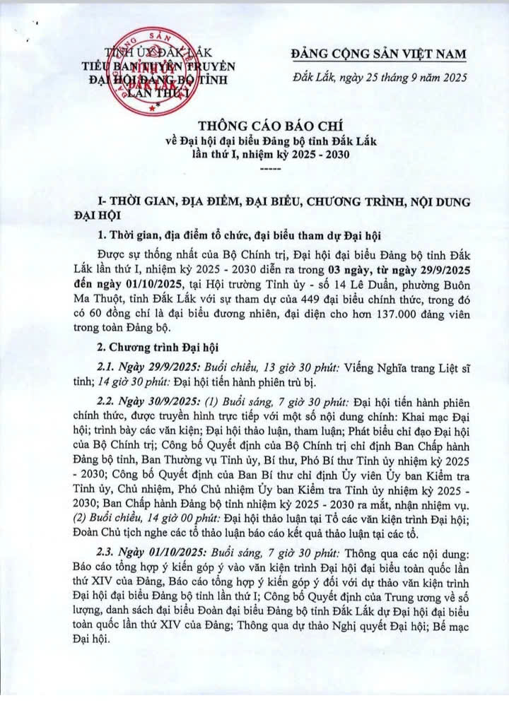 THÔNG CÁO BÁO CHÍ VỀ ĐẠI HỘI ĐẠI BIỂU ĐẢNG BỘ TỈNH ĐẮK LẮK LẦN THỨ I, NHIỆM KỲ 2025-2030