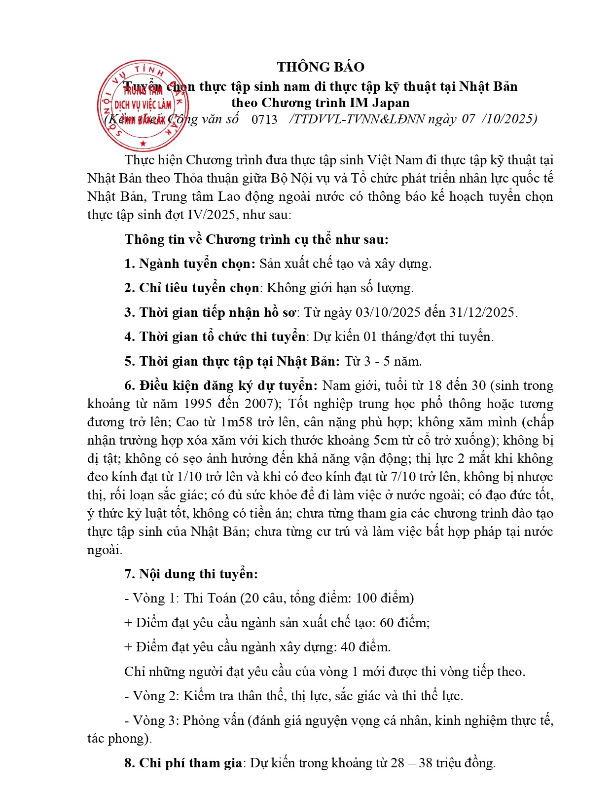 Thông báo tuyển chọn thực tập sinh nam đi thực tập kỹ thuật tại Nhật Bản Đợt IV/2025