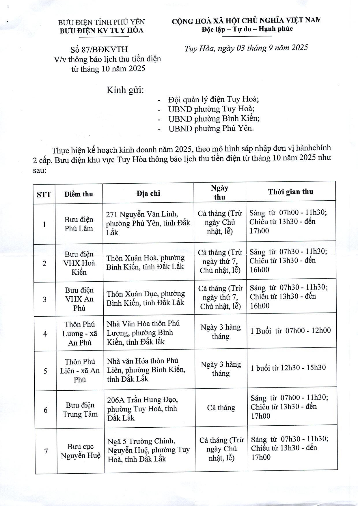 THÔNG BÁO LỊCH THU TIỀN ĐIỆN TỪ THÁNG 10/2025