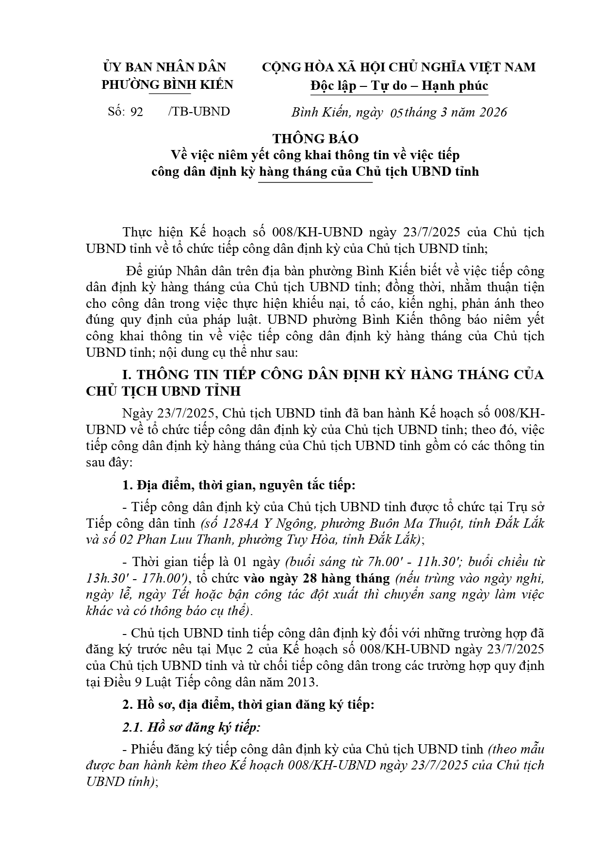 Thông báo về việc niêm yết công khai thông tin về việc tiếp công dân định kỳ hàng tháng của Chủ tịch UBND tỉnh