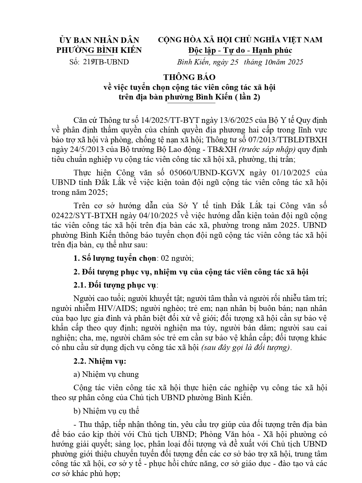 Thông báo tuyển chọn cộng tác viên công tác xã hội trên địa bàn phường Bình Kiến (lần 2)