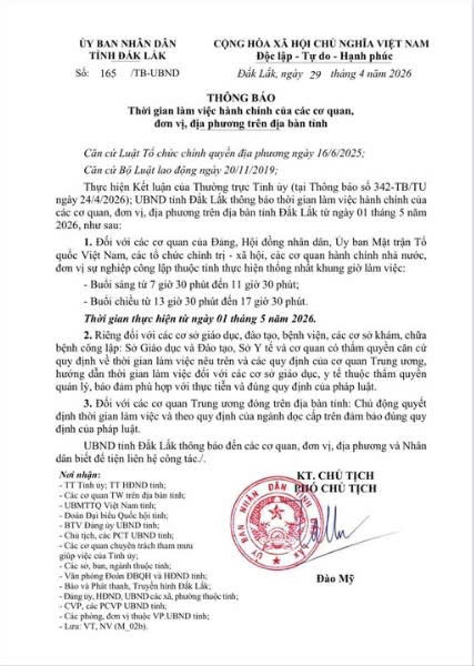 📣 📣 ⏰ ⏰ Thay đổi thời gian làm việc hành chính của các cơ quan, đơn vị, địa phương trên địa bàn tỉnh Đắk Lắk